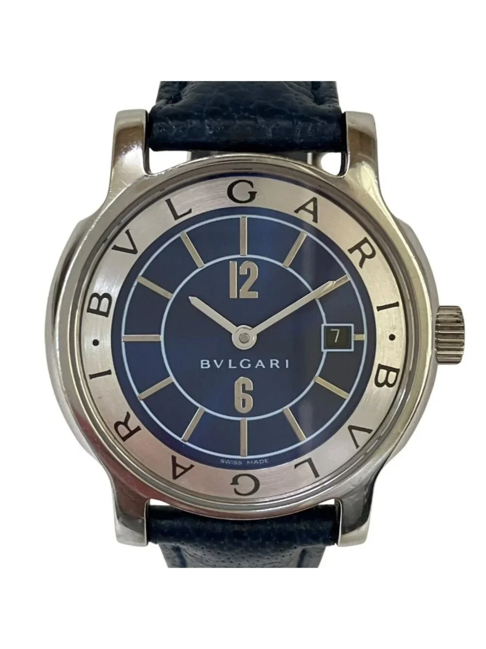 Bvlgari Solo Tempo Watch SS Leather Quartz Blue Dial